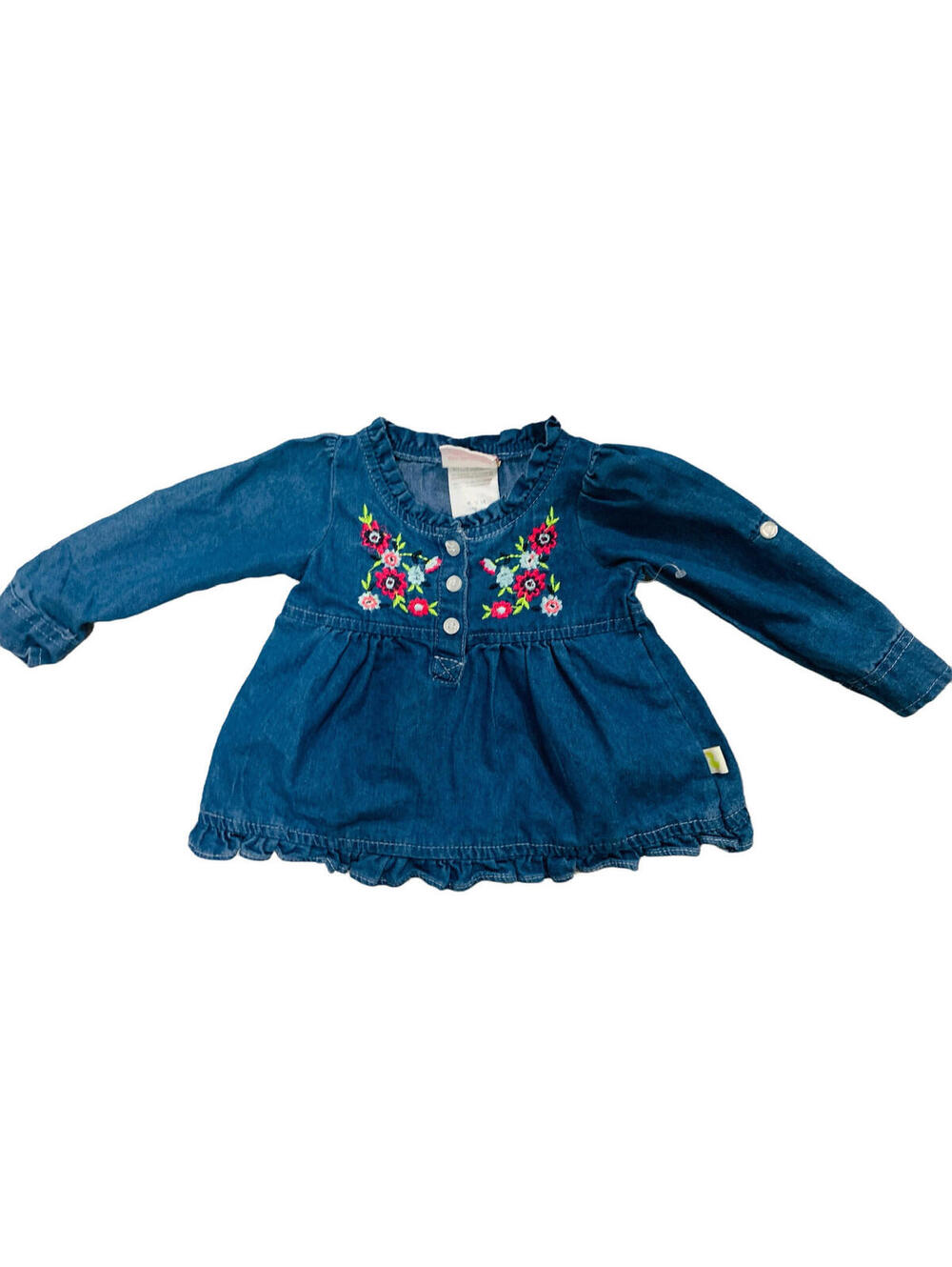 Duck Goose  Blue Denim Baby Long Sleeve Shirt 6-9 Months Embroidered Flowers